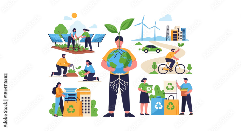 Naklejka premium Eco-Friendly Sustainable Living Illustration: People Protecting Earth, Renewable Energy, Recycling, and Green Lifestyle