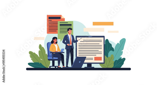 Business Presentation & Collaboration. Professional Team Analyzing Data, Training, or Discussing Reports. Flat Vector Illustration for Corporate Learning.