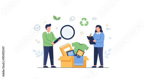 Sustainable Sorting: People Organize Box of Used Items for Recycling, Donation & Second Hand. Eco-Friendly Inventory & Decluttering Concept.