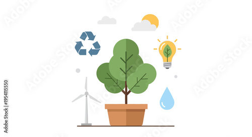 Sustainable Environment and Green Energy Concept: Flat Design Illustration with Tree, Recycling, Wind, Solar, Water for Eco-Friendly Solutions