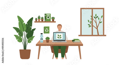 Green Workspace Illustration: Person at Desk with Laptop, Plants, and Eco-Friendly Symbols for Remote Work