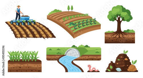 Farming and Agriculture Process Vector Set: Planting, Crop Growth, Soil Health, Tree Roots, Irrigation, and Composting Illustrations