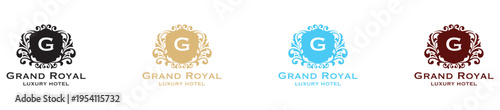 Luxury Hotel Logo Collection: Grand Royal Emblem in Black, Gold, Blue, and Burgundy