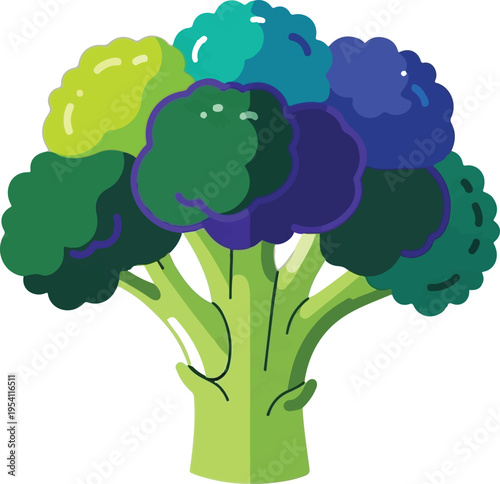 A vibrant digital illustration of a fresh broccoli floret featuring a colorful gradient design
