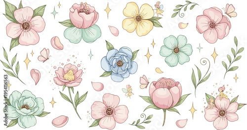 Pastel floral vector collection with blooming flowers leaves petals butterflies and fairy elements delicate romantic botanical illustration set