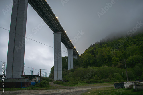 bridge over the river in fog