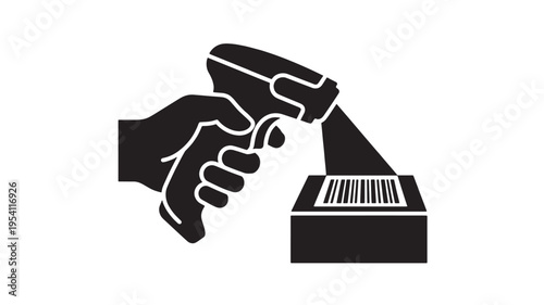 Barcode scanner held by a human hand is actively scanning a product box, symbolizing retail, logistics, or inventory management processes.