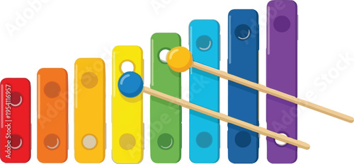 A colorful children's toy xylophone with two wooden mallets placed on top of the vibrant bars