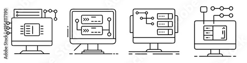 Four stylized computer monitors with diagrams and connected circuits in black outline
