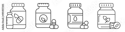 Line art illustration of four medicine bottles and capsules for health supplement