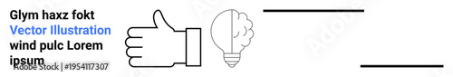 Innovation, ideas, creativity, teamwork, approval, brainstorming. A thumbs-up icon beside a brain-shaped light bulb with horizontal lines. Innovation and creativity concept