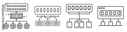 Illustrations depicting various network topologies and data flow architectures, emphasizing connections