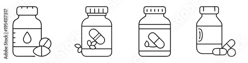 Line art collection of medicine bottles with various pills and capsules