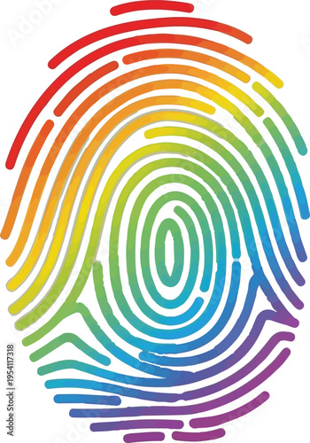 A vibrant and artistic digital illustration of a colorful human fingerprint on a white background