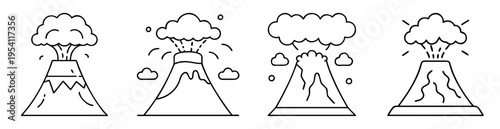 Collection of volcano eruptions with lava smoke and cloud line art