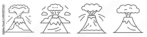 Volcano eruption stages shown in black and white simple line drawings