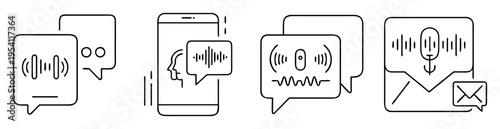 Outline icons illustrating audio waveform, mobile communication, and voice messaging