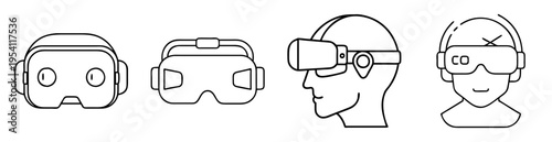 Black and white outline vector illustration of virtual reality headset styles