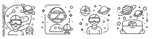 Virtual reality and augmented reality headset icons set, space exploration simulation