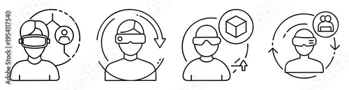 Virtual Reality experiences illustrated with icons representing connection, 3D objects, communication