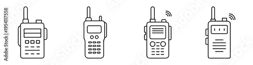 Line art illustration of four different handheld walkie talkie communication devices