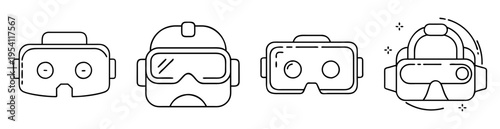 Collection of virtual reality headsets depicted in linear vector art