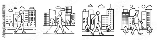 Line art illustration of people walking in urban landscapes with buildings