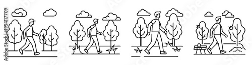 Line art illustration depicting people walking in park on a sunny day