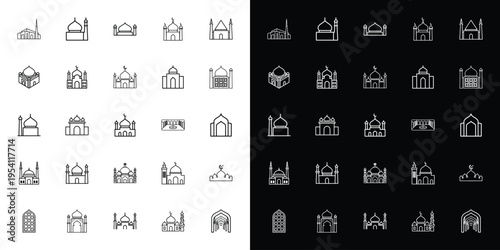 Set of 25 Outline Mosque Icons Vector Collection for Islamic Culture, Religion, and Ramadan Celebrations on White and Black Backgrounds