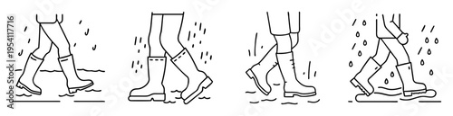 Monochrome illustration of people wearing rain boots while walking in rainy weather