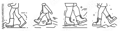 Four different minimalist cartoon drawings showing people walking in the snow