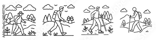Line art illustration showcasing people hiking in varied outdoor environments
