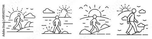 minimalist line art depicting different phases of hiking in various landscapes