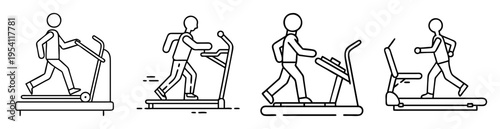Collection of minimalist line art illustrations depicting stick figures using exercise machines