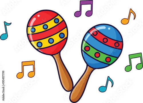A vibrant cartoon illustration featuring two colorful maracas surrounded by floating music notes