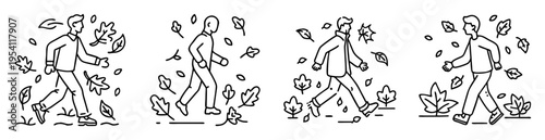 Four outlines of people walking among falling leaves during autumn season