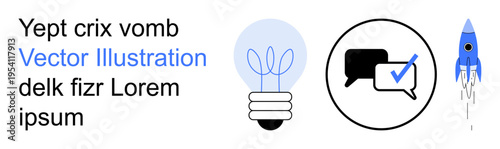 Innovation, communication, creativity, technology, progress, startup. Lightbulb with ideas, chat icons with checkmark rocket launching. Innovation and communication symbolism