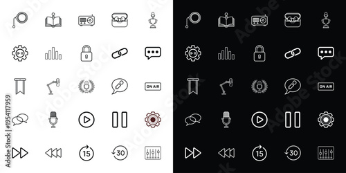 Set of 30 Outline Interface Icons Vector for Web Design, Mobile Apps, and Digital Media, Featuring Play, Pause, Settings, and Communication Symbols on Light and Dark Backgrounds