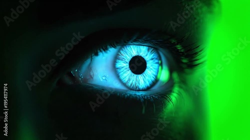Close up of a person's blue glowing eyes with green neon light