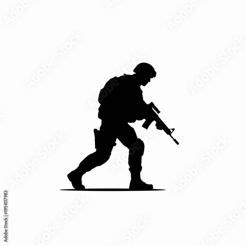 A black silhouette of a soldier in full combat gear holding a rifle while moving forward cautiously isolated on white background, Vector, illustration