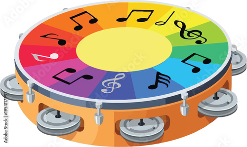 A colorful tambourine illustration featuring musical notes on a rainbow segment surface design