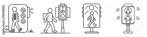 Four different styles of pedestrian traffic signal indicators art illustration