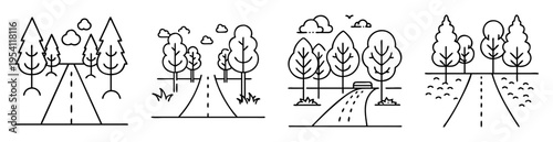 Four monochrome minimalist cartoon landscapes depicting road trips through nature