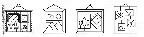 Line art illustrations showcasing framed artwork with diverse subjects hanging on wall