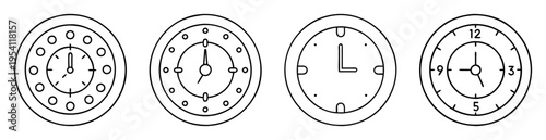 Variety of retro style black and white analog clocks in a row