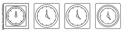 Various black and white clocks showing different times, set against a square