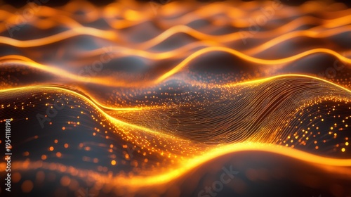 Curved cable glow fiber optic light trails creating flowing golden streams with luminous particles in digital wave formation