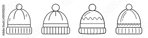 Collection of winter hats with pom poms, black and white outline