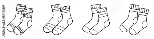 Black and white outline drawing of pairs of socks with different patterns
