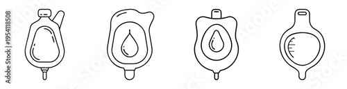 Graphic illustration depicting different styles of intravenous fluid bags in black and white